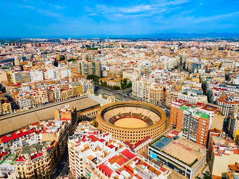 Plaza de Toros de Valencia or Plaza de bous aerial panoramic view. It is a bullring in Valencia city, Spain.