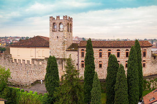 Desenzano Castle aerial panoramic view in Desenzano town on the shore of Lake Garda in Italy