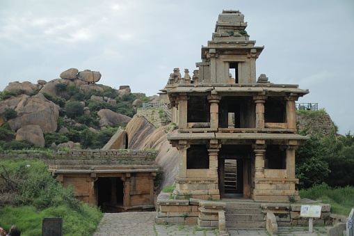 Chitradurga, India – July 31, 2021: A wide view of the Hidembeswara renowned temple located on top of a hill inside the fort. Mythological stone temple or ruined temple