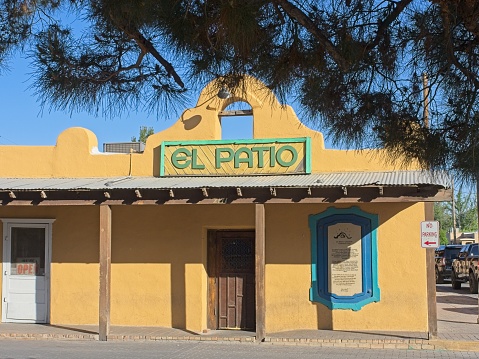 Mesilla, NM - USA, May 5, 2023. El Patio bar in old Mesilla New Mexico. Historic adobe structure has housed many businesses, post office,  blacksmith, saloon, news paper and Overland Mail carrier since 1854.