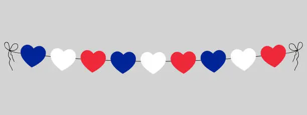 Vector illustration of french flag hearts garland, string of blue, white, red hearts for outdoor party, decoration, vector illustration