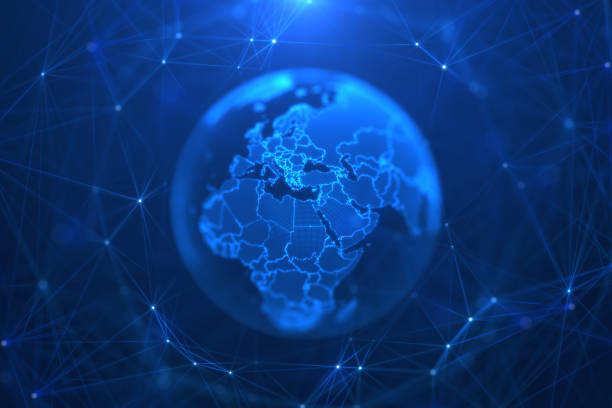 istock Blue holographic globe with nodes connected around earth. 1495715239