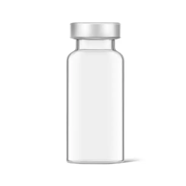 Vector illustration of Realistic clear glass bottle for injections mockup. Vector illustration isolated on white background.