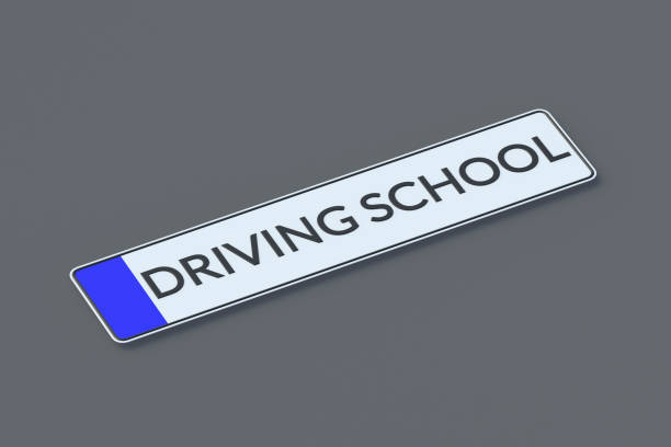 istock Driving school inscription on car license plate. Traffic laws. Driving courses. 3d render 1495720897