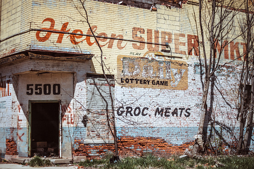 Detroit, Michigan, USA - Abandoned corner shop just near the famous Packard plant.