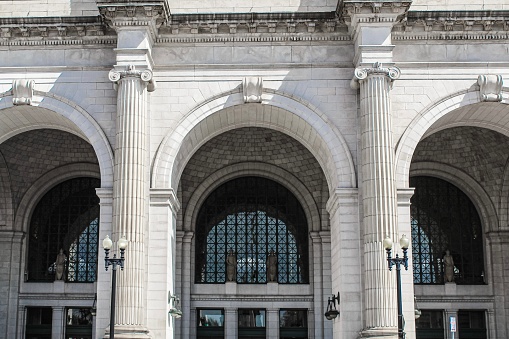 Up close view of Union Station windows, columns, architecture