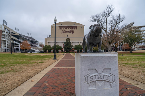 Starkville, MS -December 2020: A statue of the school's mascot \