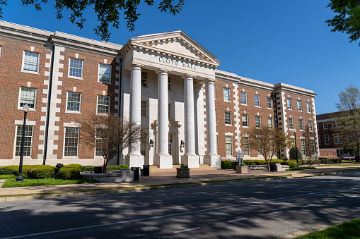 Boston, Massachusetts, USA - August 19, 2023: Entrance to the Baker Library on the Harvard Business School (HBS) campus. Dedicated in 1927 and named for George F. Baker, the benefactor who funded HBS's original campus. It is the largest business library in the world.