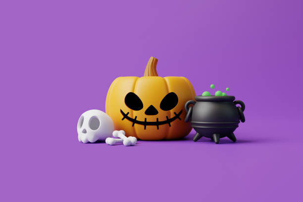 istock Jack-o-Lantern pumpkin with skull, bone and cauldron on purple background 1495733557