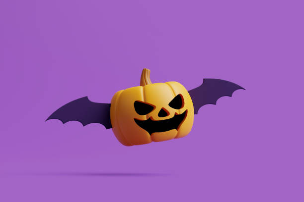 istock Jack-o-Lantern pumpkin with wings flying on purple background 1495733577