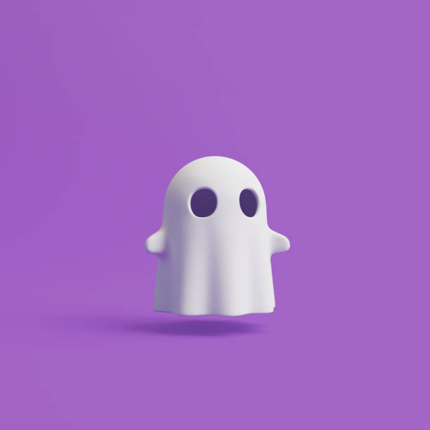 Simple halloween cartoon ghost on purple background. Happy Halloween concept. Traditional october holiday. 3d rendering illustration