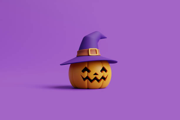 istock Jack-o-Lantern pumpkins wearing witch hat on purple background 1495733614