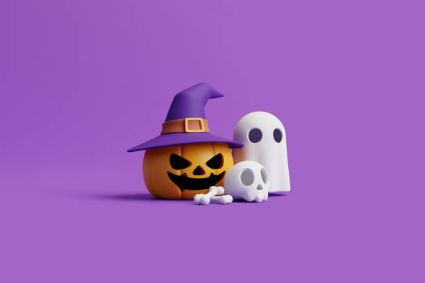 istock Jack-o-Lantern pumpkin wearing witch hat with skull, bone and ghost on purple background 1495733628
