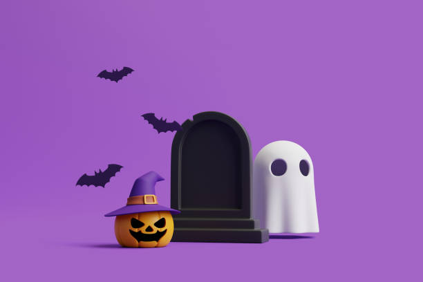 istock Jack-o-Lantern pumpkin wearing witch hat with ghost, bats and grave on purple background 1495733629