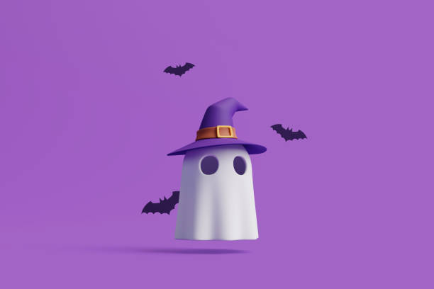 istock Simple halloween cartoon ghost wearing witch hat with black bats on purple background 1495733710