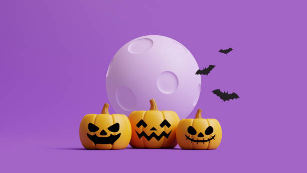 istock Jack-o-Lantern pumpkins and bats under the moon on purple background 1495733713