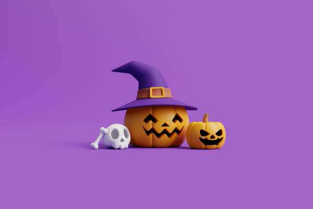 istock Jack-o-Lantern pumpkins wearing witch hat with skull and bone on purple background 1495734713