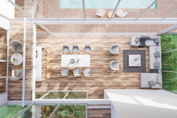 istock Top view of modern style white house interior with pool terrace 3d render 1495734751