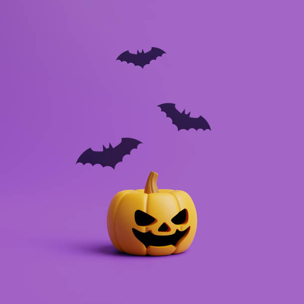 istock Jack-o-Lantern pumpkin with bats on purple background 1495734835