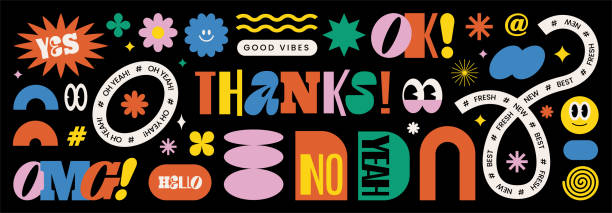 Naive playful abstract shapes sticker pack. Groovy geometric element in trendy retro cartoon style. Naive playful abstract shapes sticker pack. Groovy circle oval rectangle arch eyes typography in trendy retro 90s cartoon style. Vector illustration with wavy geometric elements. Brutalism aesthetic. ornamental font stock illustrations