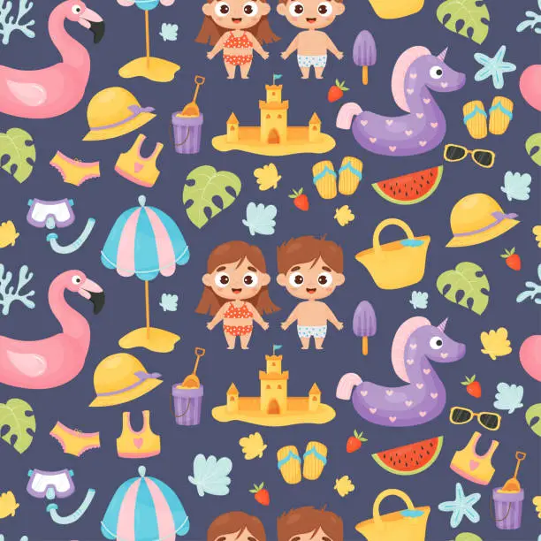 Vector illustration of Childish summer seamless pattern. Cute kids beachgoers girl and boy with nautical sea holiday accessories on blue background. Vector illustration in cartoon style.