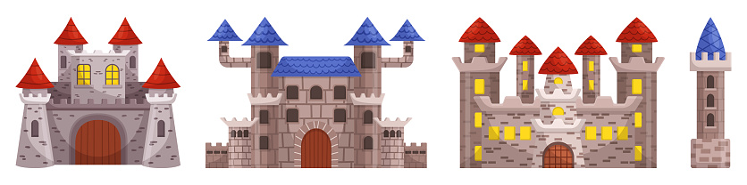 Majestic Medieval Castles With Towering Architecture, Fortified Walls, And Grandeur. Symbol Of Power, Strength, And Rich History, Evoking A Sense Of Wonder And Enchantment. Cartoon Vector Illustration