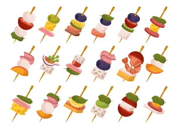 Vector illustration of Elegant Canape Set Featuring A Variety Of Delectable Bite-sized Treats. Perfect For Entertaining, Vector Illustration