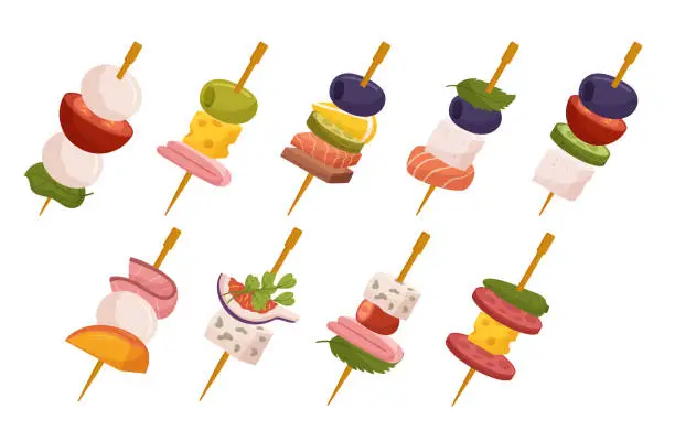 Vector illustration of Exquisite Canape Set. Delightful Assortment Of Bite-sized Gourmet Treats, Elegantly Arranged On Sticks