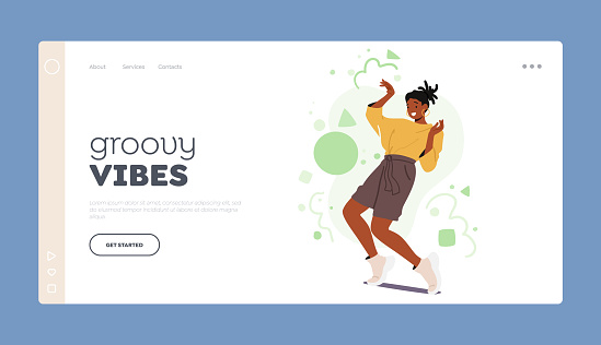 Groovy Vibes Landing Page Template. African American Female Character Performer Defying Gravity With A Mind-bending Pose, Showcasing Agility And Balance. Cartoon People Vector Illustration