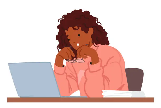 Vector illustration of Surprised Woman, Eyes Wide, Staring At Laptop Screen In Disbelief. Female Character With Expression Of Astonishment