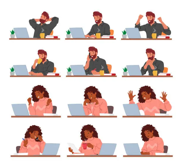 Vector illustration of Man And Woman Working On Laptops, Displaying Emotions Of Concentration, Determination, Frustration, And Joy