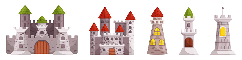 Majestic Medieval Castles With Towering Structures, Evoking A Sense Of Grandeur And Strength. Ancient Citadels Imposing Walls, Fortified Towers, And Intricate Architecture. Cartoon Vector Illustration