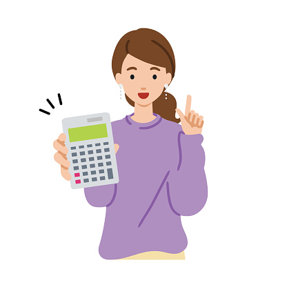 a woman in casual style recommending, proposing, showing and pointing a calculator with a smile