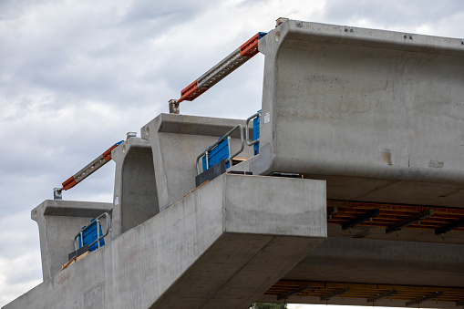 Close up view of the superstructure of a railway bridge under construction in Victoria Australia.