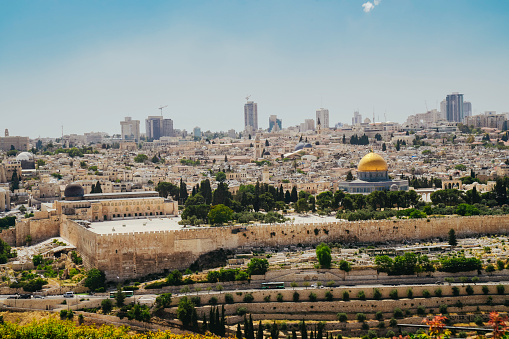 View of Jerusalem and the Dome of the Rock, Islamic mosque on the Temple Mount in the Old City of Jerusalem, from the Mount of Olives.