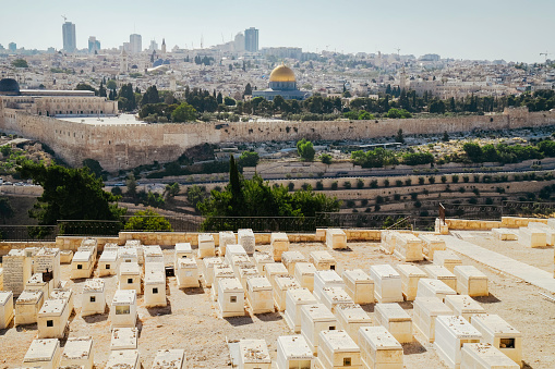 View of Jerusalem and the Dome of the Rock, Islamic mosque on the Temple Mount in the Old City of Jerusalem, from the Mount of Olives.