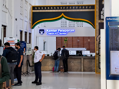 View of the check-in counter area of the railway station, self service to print ticket before the passenger traveling by train. Yogyakarta Indonesia, April 25, 2023