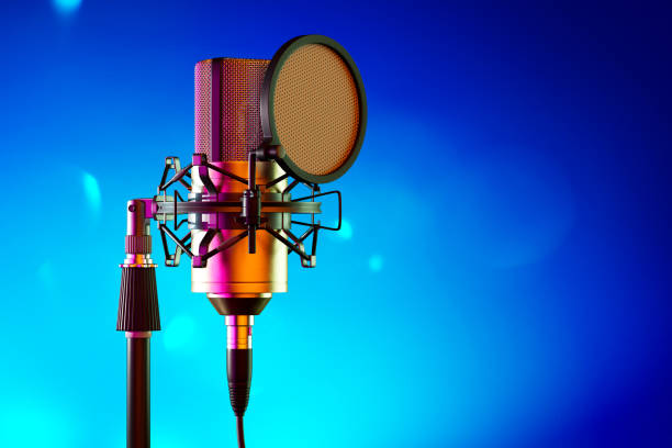 istock Recording music tracks in the studio. Studio microphone on a blue background. copy paste. 3D render 1495778441