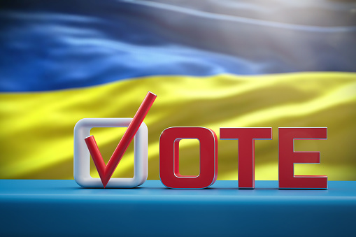 Presidential elections in Ukraine 2024. The inscription Vote on the background of the Ukrainian flag. 3D render.