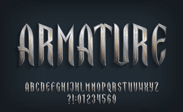 illustrations, cliparts, dessins animés et icônes de police alphabétique de l’armature. lettres, chiffres et symboles ornés de métal en détresse. - moyen