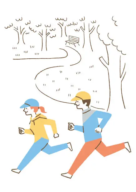 Vector illustration of Men and women jogging in the park_color