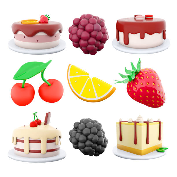 3d rendering lemon slice, fresh strawberry, three macarons, cherries, raspberry, lemon slice, strawberry, vanilla desert, blackberry, lemon cheesecake icon set. 3d render desert concept icon set. 3d renderizado rodaja de limón, fresa fresca, tres macarons, cerezas, frambuesa, rodaja de limón, fresa, postre de vainilla, mora, conjunto de iconos de tarta de queso de limón. conjunto de iconos de concepto de desierto de renderizado 3d