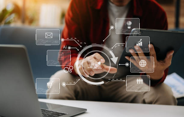 istock Digital marketing media in virtual screen.business working digital tablet, smartphone with computer laptop at office 1495785919