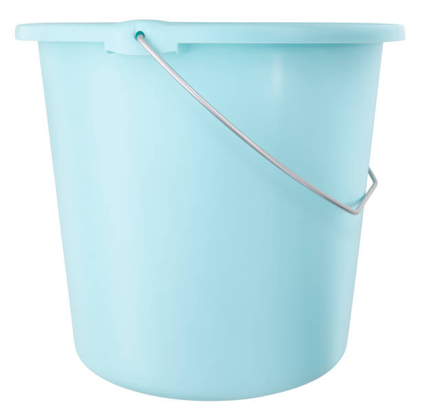 istock Bucket in plastic light blue isolated on white background with clipping path. Household object for cleaning. Useful item for online shopping commerce banner 1495787435