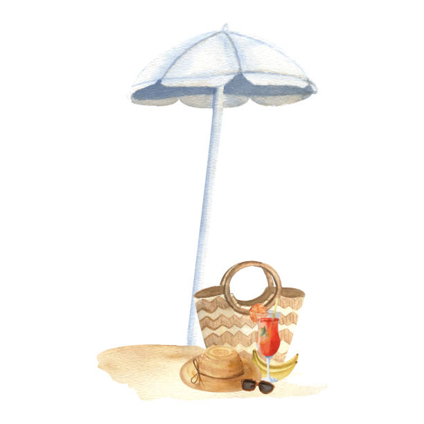 illustrations, cliparts, dessins animés et icônes de accessoires de plage cocktail, chapeau, sac et lunettes de soleil sous un parasol. aquarelle - party hat drink cocktail illustration and painting