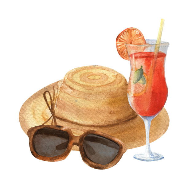 illustrations, cliparts, dessins animés et icônes de cocktail sur fond d’un chapeau de plage et de lunettes de soleil. aquarelle - party hat drink cocktail illustration and painting