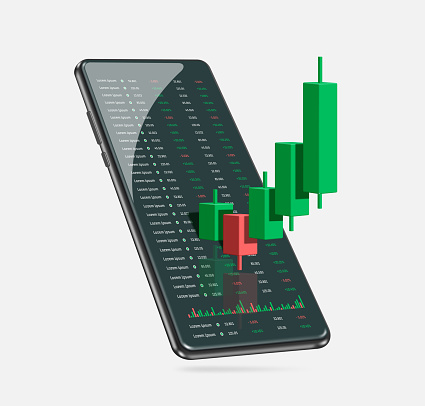 Stock Chart or Cryptocurrency Chart uptrend from red to green and profitable for trader and all place on smartphone screen ,vector 3d isolated for making media about stock trading investment