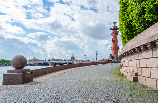 Saint Petersburg in summer. View of the sights of St. Petersburg from the Spit of Vasilyevsky Island, Russia