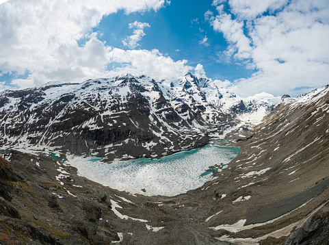 Grossglockner summit and massif mirroring in turquoise glacier lake, Austria Hohe Tauren National Park