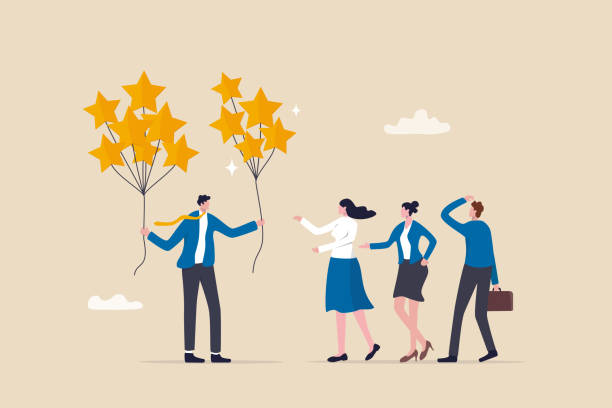 ilustraciones, imágenes clip art, dibujos animados e iconos de stock de evaluación, evaluación de empleados, calificación o retroalimentación, calidad de estrellas o excelente trabajo, evaluación o revisión de fin de año, calificación o concepto de revisión de desempeño, gerente de negocios otorga calificación de 5 - evaluación del desempeño